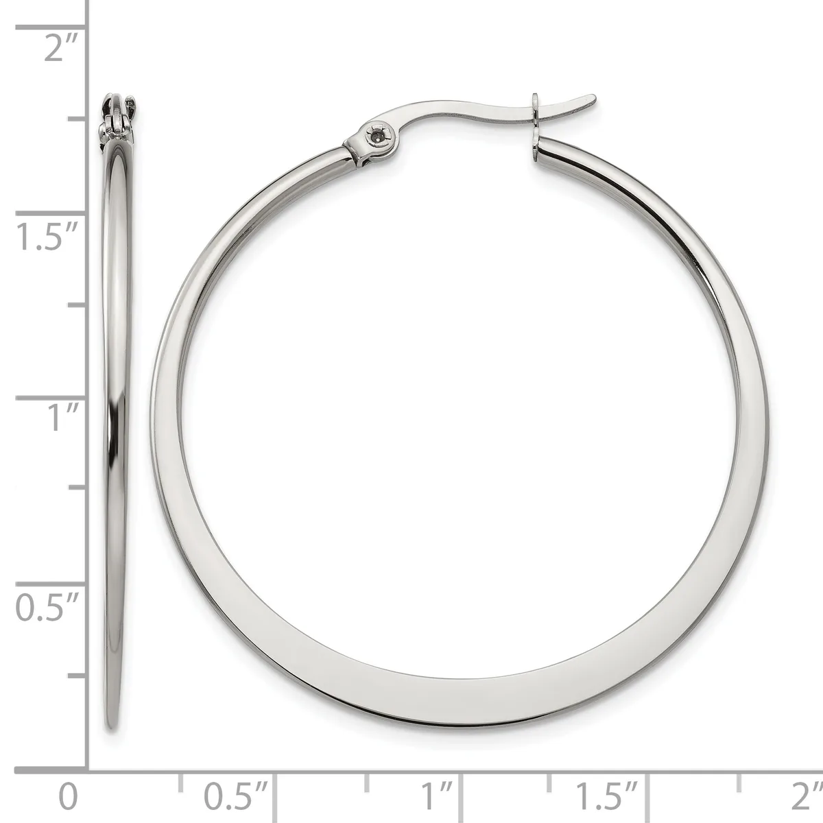A pair of polished silver-colored hoop earrings with a measurement scale showing they are approximately 1.5 inches in diameter.