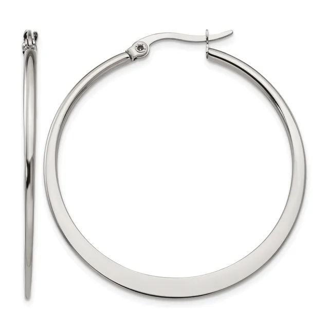 A pair of polished silver-tone hoop earrings with a hinged post and clutch back closure, shown from front and side views.