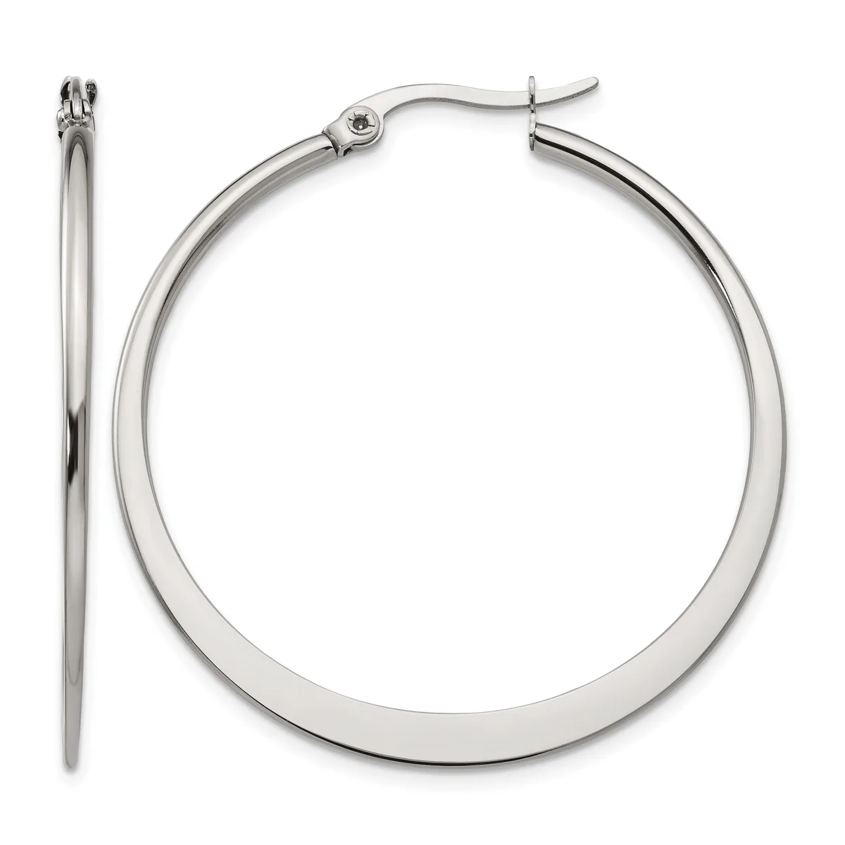 A pair of polished silver-tone hoop earrings with a hinged post and clutch back closure, shown from front and side views.