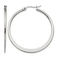 A pair of polished silver-tone hoop earrings with a hinged post and clutch back closure, shown from front and side views.