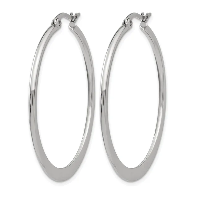 A pair of polished silver-toned hoop earrings with a flat, wide band and hinged posts, shown against a white background.