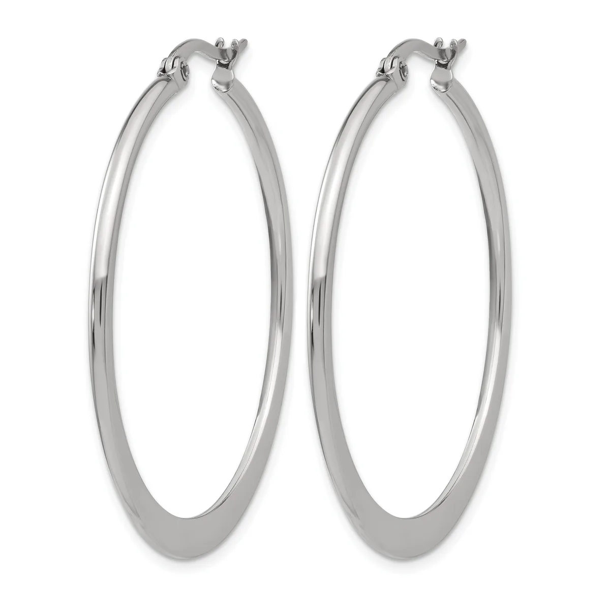 A pair of polished silver-toned hoop earrings with a flat, wide band and hinged posts, shown against a white background.