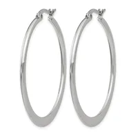 A pair of polished silver-toned hoop earrings with a flat, wide band and hinged posts, shown against a white background.