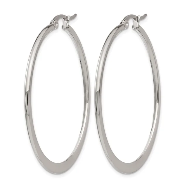 A pair of polished silver-toned hoop earrings with hinged closures, displayed against a white background.