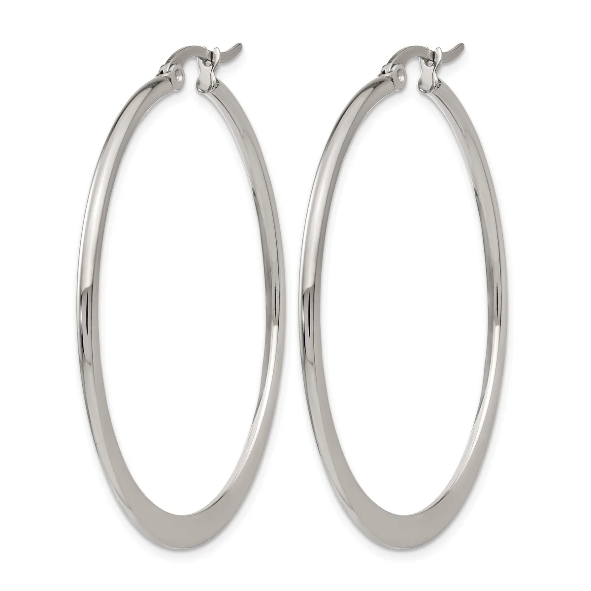 A pair of polished silver-toned hoop earrings with hinged closures, displayed against a white background.