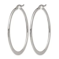 A pair of polished silver-toned hoop earrings with hinged closures, displayed against a white background.