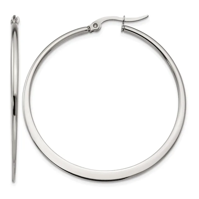 A pair of polished silver-toned hoop earrings with hinged backs, shown from front and side views.