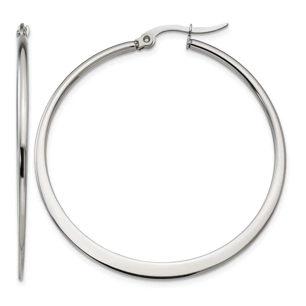 A pair of polished silver-toned hoop earrings with hinged backs, shown from front and side views.