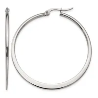 A pair of polished silver-toned hoop earrings with hinged backs, shown from front and side views.