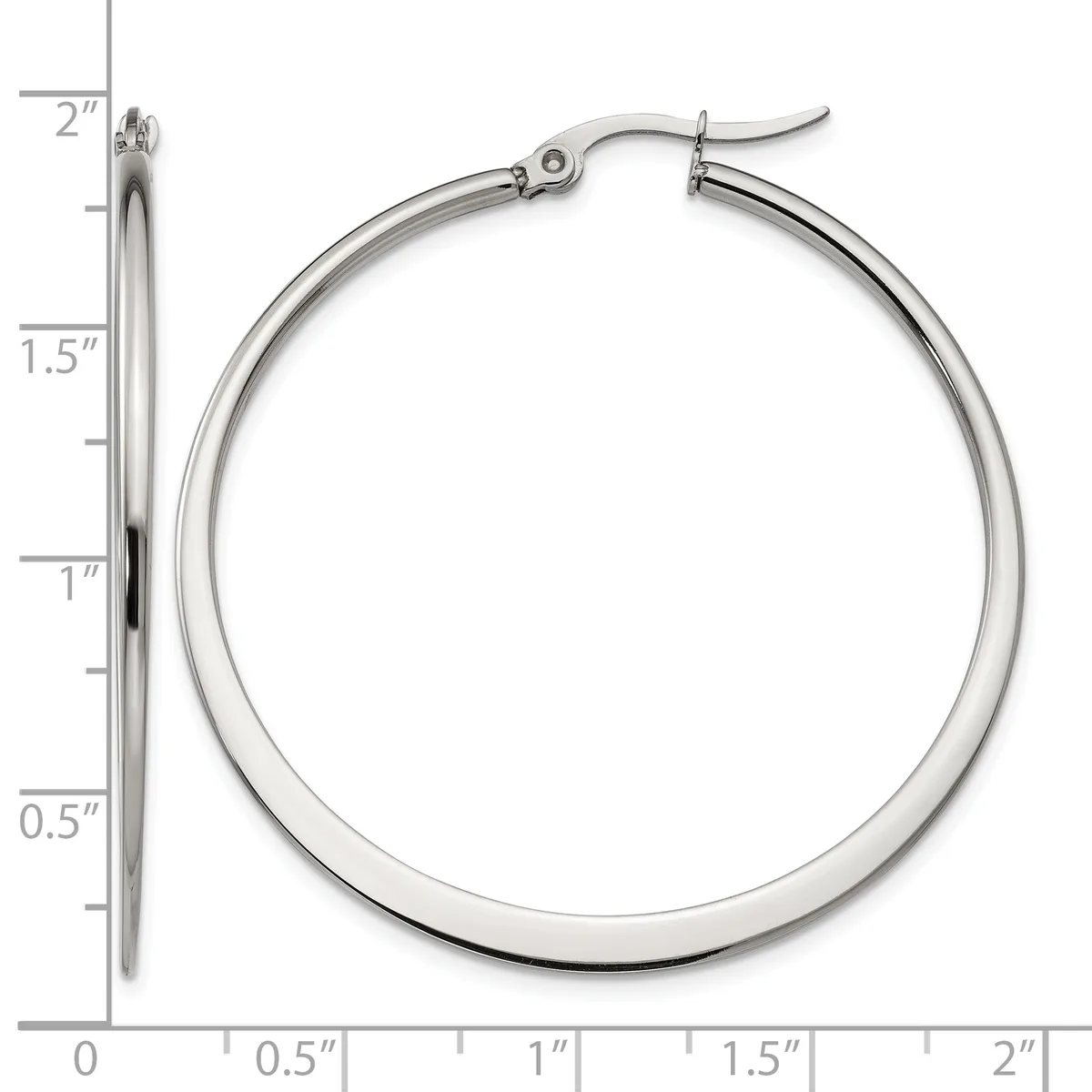 Polished silver-tone hoop earrings with a tube design and hinged posts, displayed next to a ruler showing they measure approximately 1.5 inches in diameter.