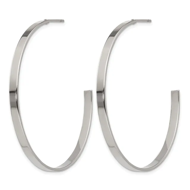 Pair of polished silver-toned rectangular hoop earrings with posts and backs, shown from the front.