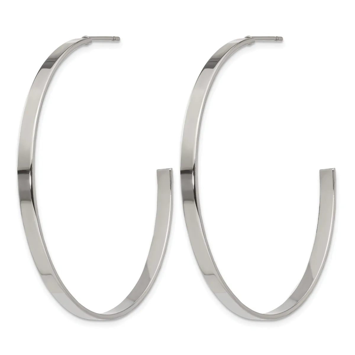 Pair of polished silver-toned rectangular hoop earrings with posts and backs, shown from the front.