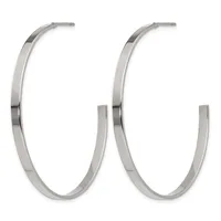 Pair of polished silver-toned rectangular hoop earrings with posts and backs, shown from the front.