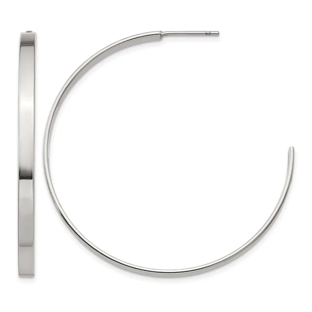 A pair of polished silver-toned hoop earrings shown from the front and side view, displaying their flat wide band design and post closure.
