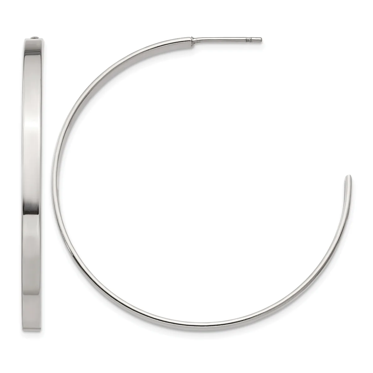 A pair of polished silver-toned hoop earrings shown from the front and side view, displaying their flat wide band design and post closure.