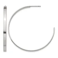 A pair of polished silver-toned hoop earrings shown from the front and side view, displaying their flat wide band design and post closure.