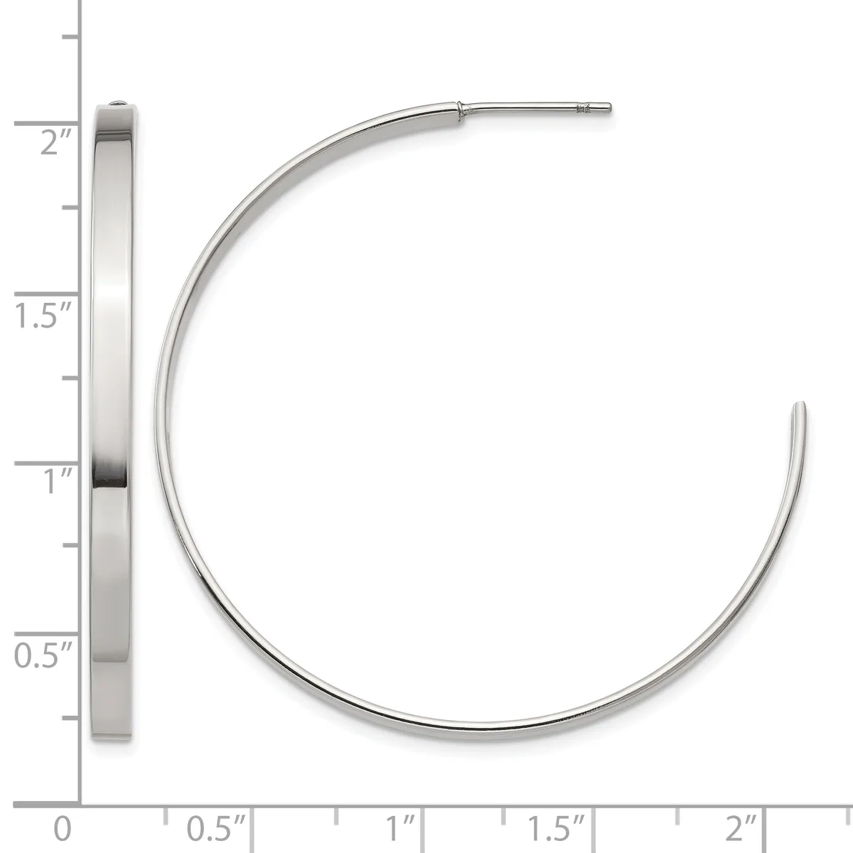 A pair of polished silver hoop earrings displayed against a measurement scale, shown from the side to indicate their curved shape and approximate dimensions.