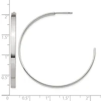 A pair of polished silver hoop earrings displayed against a measurement scale, shown from the side to indicate their curved shape and approximate dimensions.