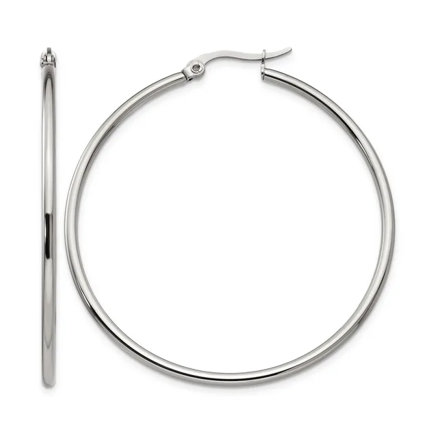 A pair of polished silver-toned hoop earrings with hinged closures, shown from the front and side view against a white background.
