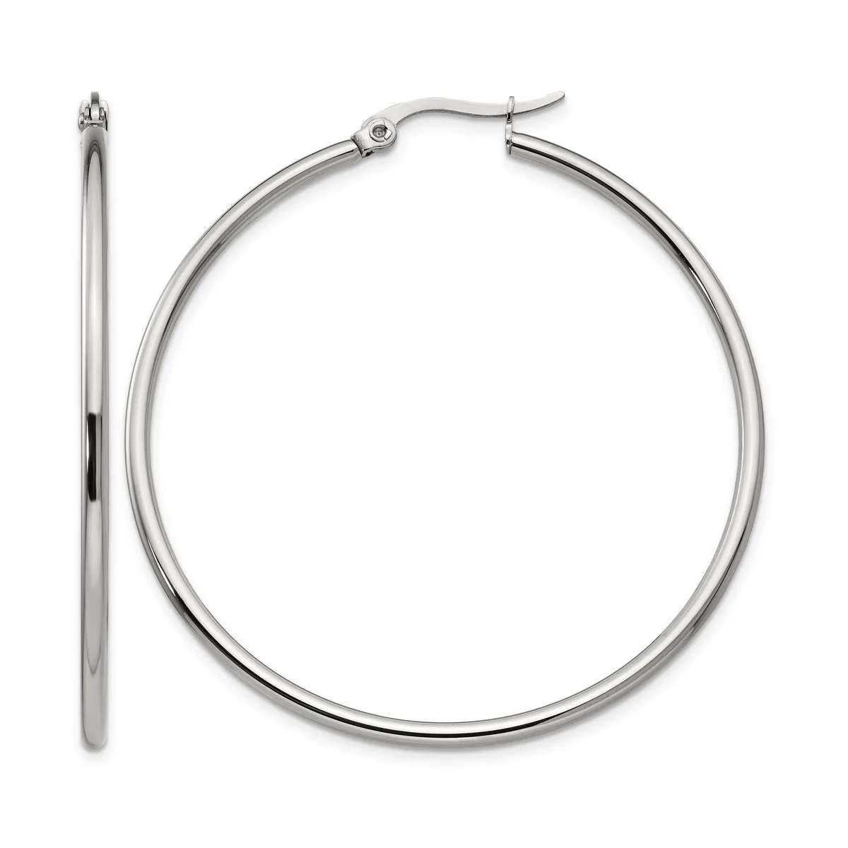 A pair of polished silver-toned hoop earrings with hinged closures, shown from the front and side view against a white background.