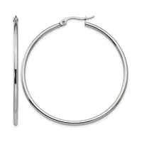 A pair of polished silver-toned hoop earrings with hinged closures, shown from the front and side view against a white background.