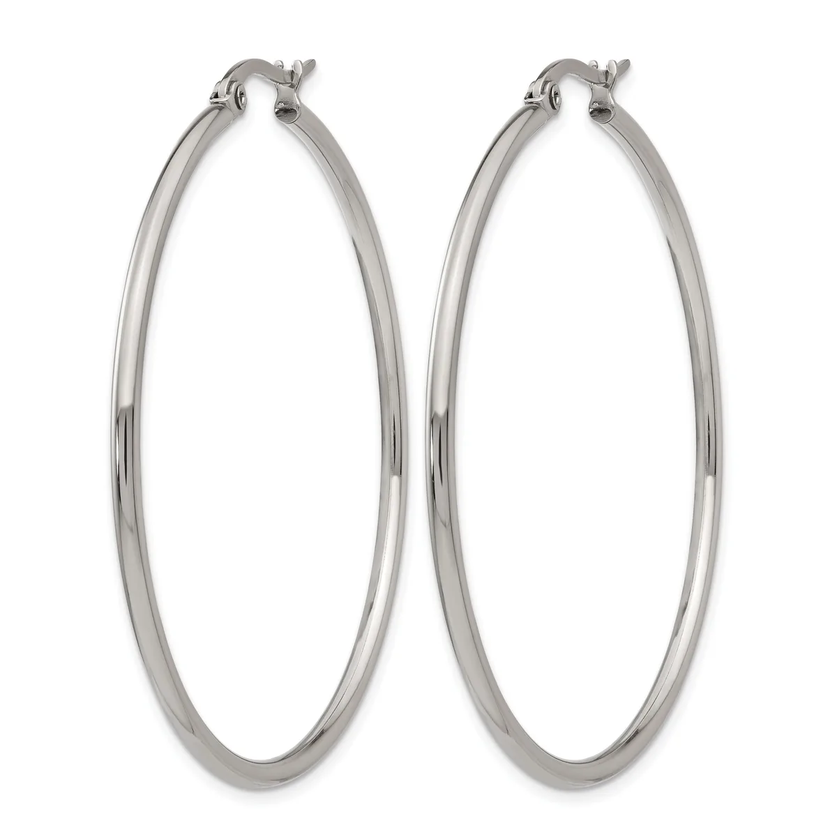 A pair of polished silver-toned hoop earrings with a smooth, rounded profile and post-and-clutch closures.