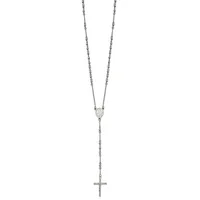 A silver rosary necklace with a delicate chain, featuring a small oval medal at the center and a cross pendant hanging at the bottom.