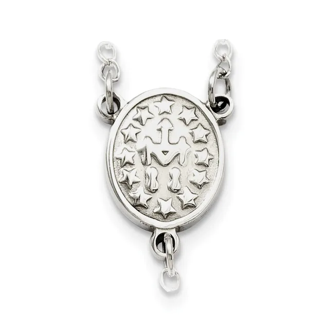 Silver oval pendant with cross and stars design, suspended from a chain with connector loops at top and bottom.