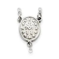 Silver oval pendant with cross and stars design, suspended from a chain with connector loops at top and bottom.