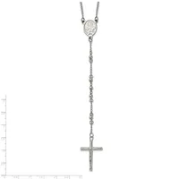 Silver rosary necklace with an oval medal at the top and a cross pendant at the bottom, shown against a measurement scale.