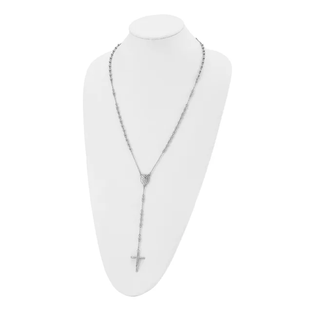 Silver-toned lariat-style necklace with a decorative knot detail at the top and a small cross pendant hanging from the chain, displayed on a white bust form.