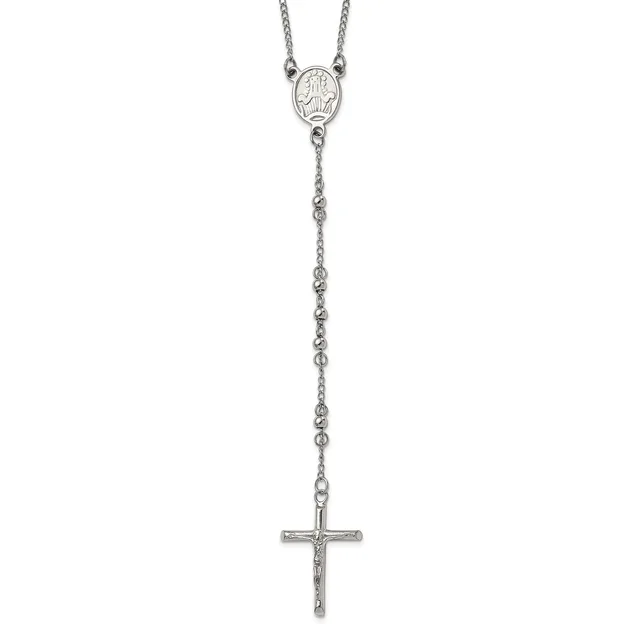 Silver-toned rosary necklace with an oval religious medal at the top and a crucifix pendant at the bottom, connected by a beaded chain.