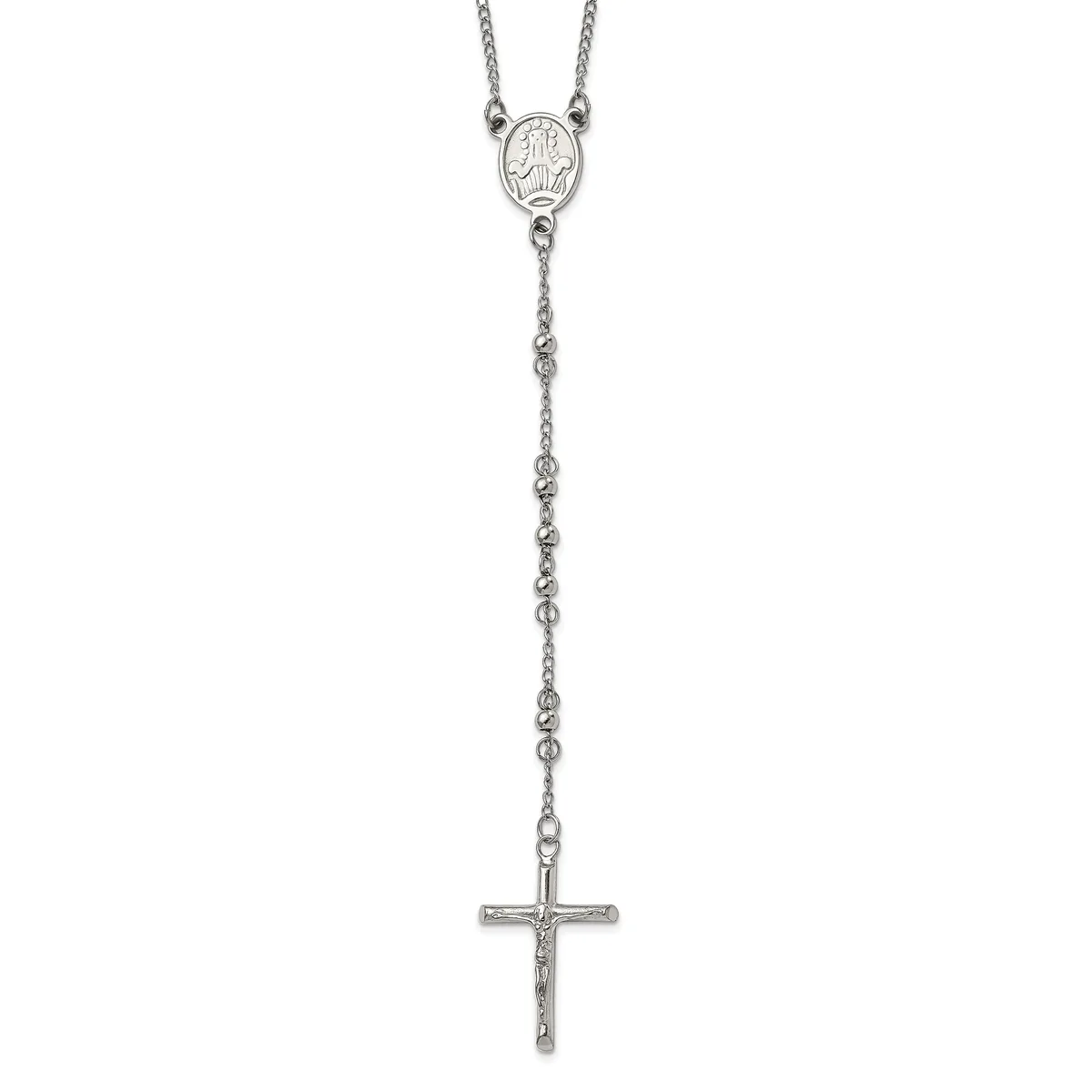 Silver-toned rosary necklace with an oval religious medal at the top and a crucifix pendant at the bottom, connected by a beaded chain.