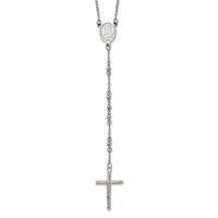 Silver-toned rosary necklace with an oval religious medal at the top and a crucifix pendant at the bottom, connected by a beaded chain.