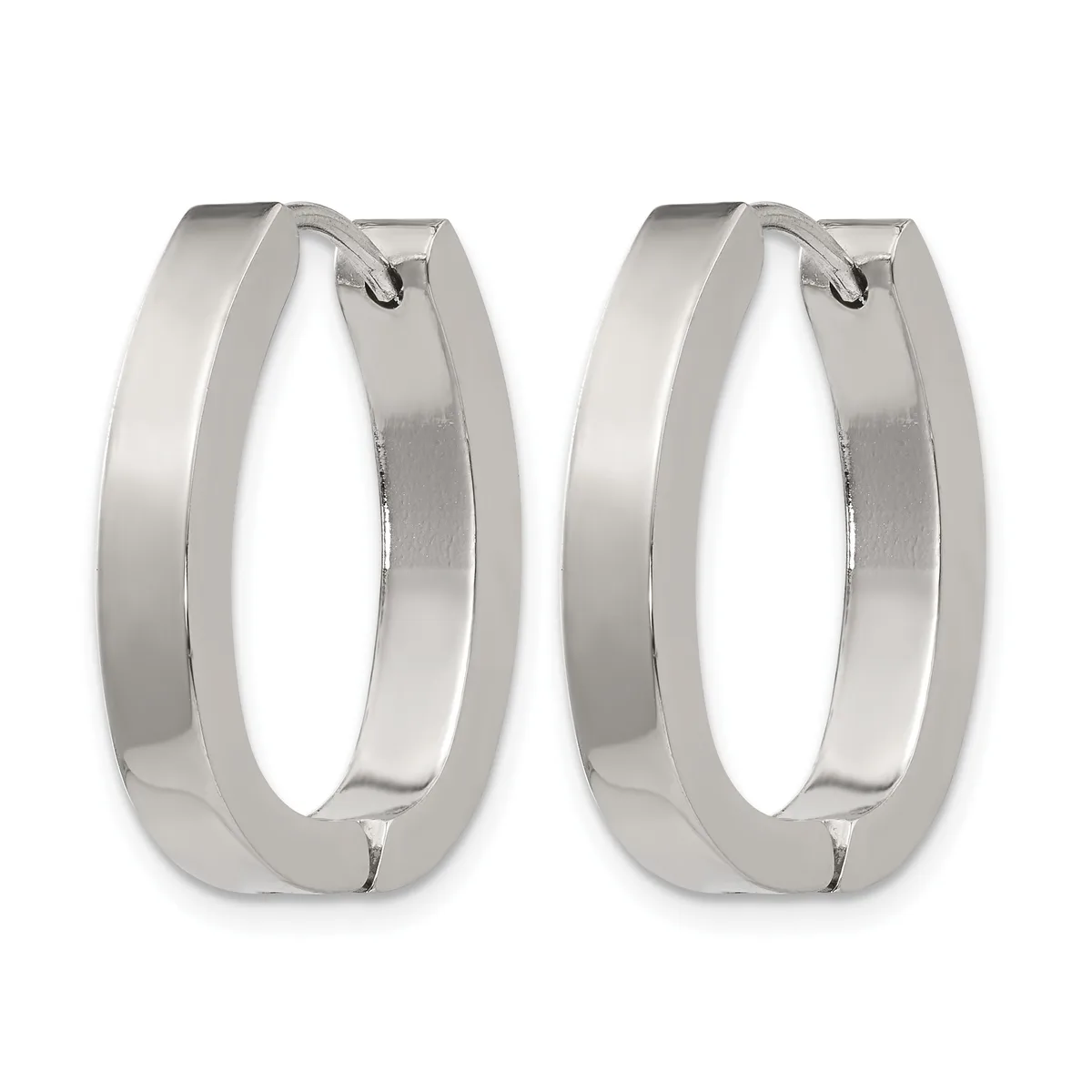 A pair of polished silver-toned rectangular hoop earrings with rounded corners and hinged closures, shown from the front.