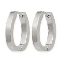 A pair of polished silver-toned rectangular hoop earrings with rounded corners and hinged closures, shown from the front.