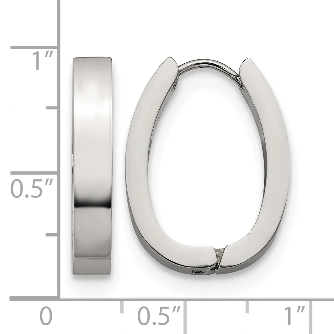 A pair of polished silver hoop earrings with a chunky oval shape, shown from front and side views against a measurement scale.