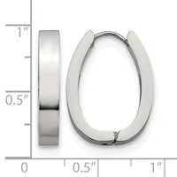 A pair of polished silver hoop earrings with a chunky oval shape, shown from front and side views against a measurement scale.