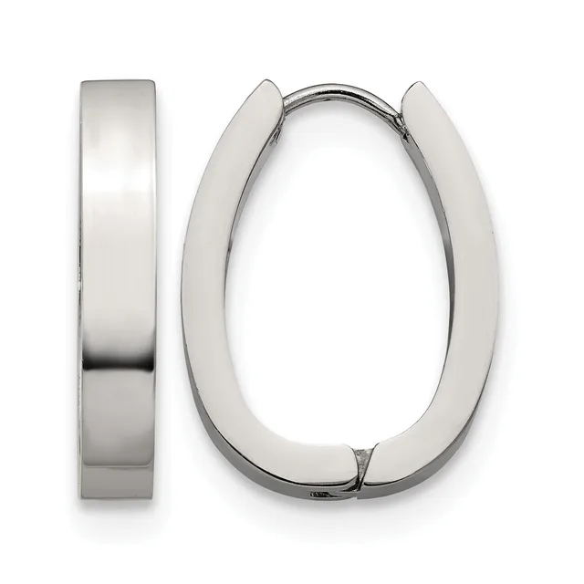 A pair of polished silver-toned chunky oval hoop earrings shown from two angles, displaying the front view and side profile.