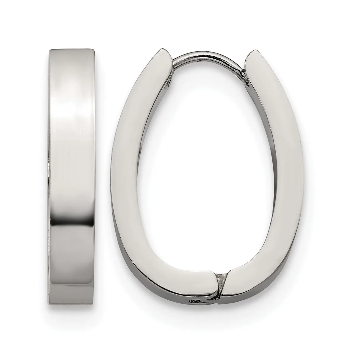 A pair of polished silver-toned chunky oval hoop earrings shown from two angles, displaying the front view and side profile.