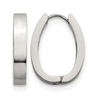 A pair of polished silver-toned chunky oval hoop earrings shown from two angles, displaying the front view and side profile.