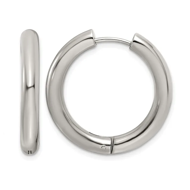 Pair of polished sterling silver chunky hinged hoop earrings shown from the front and side view.