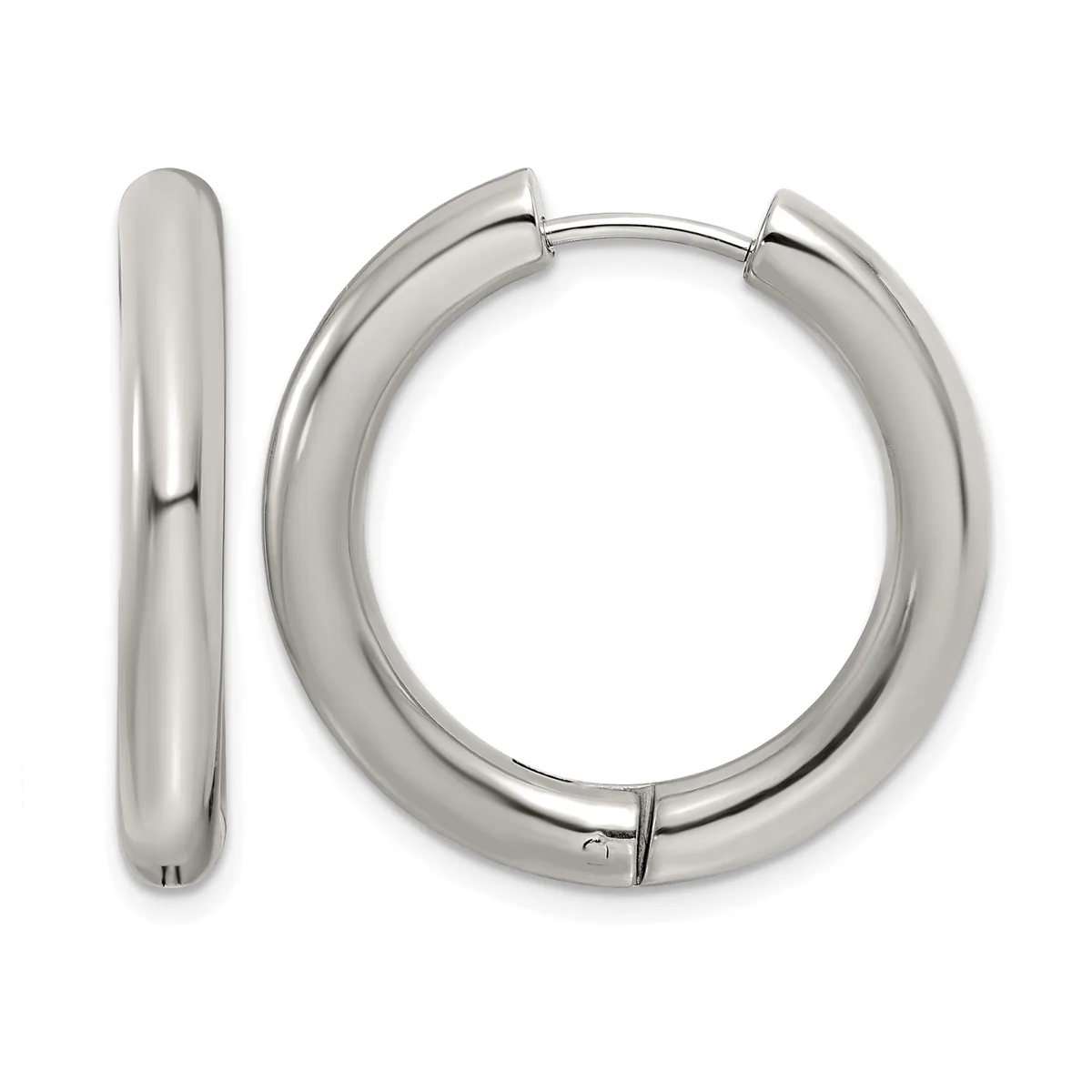 Pair of polished sterling silver chunky hinged hoop earrings shown from the front and side view.