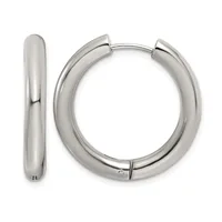 Pair of polished sterling silver chunky hinged hoop earrings shown from the front and side view.