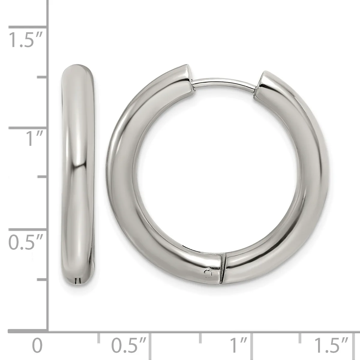 A pair of polished silver-colored chunky hoop earrings with a smooth rounded profile, displayed next to a measurement ruler showing approximately 1.5 inches in length.