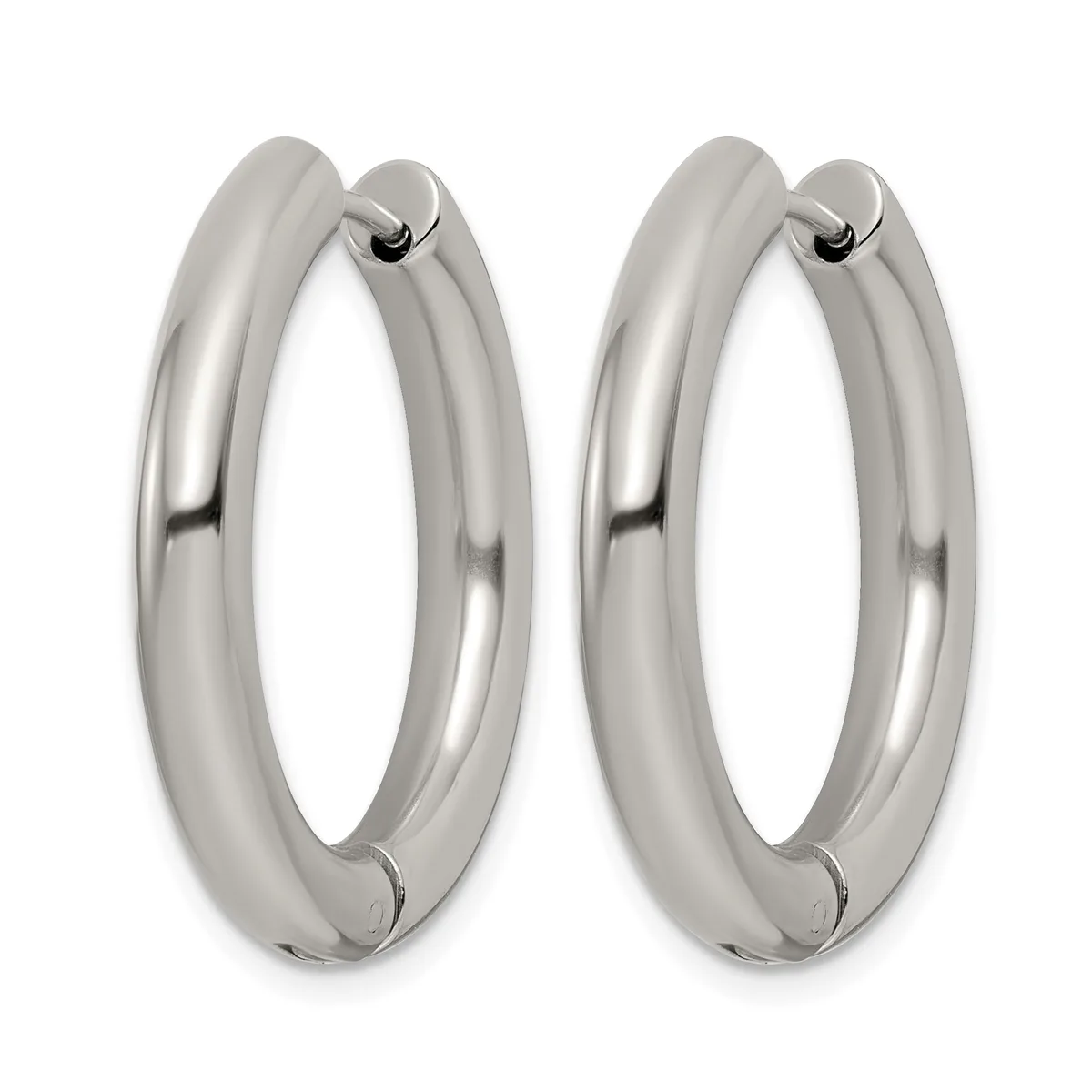 A pair of polished silver-toned chunky hoop earrings with hinged closures, displayed side by side against a white background.