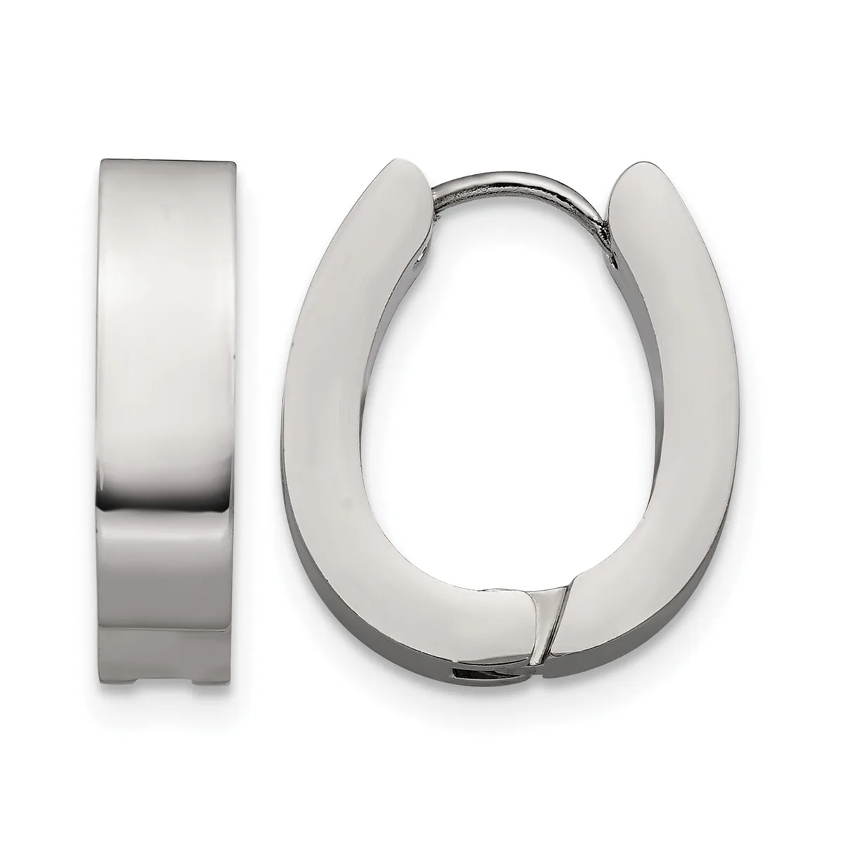 A pair of polished silver-toned chunky oval hoop earrings shown from the front and side view against a white background.