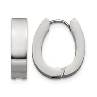 A pair of polished silver-toned chunky oval hoop earrings shown from the front and side view against a white background.