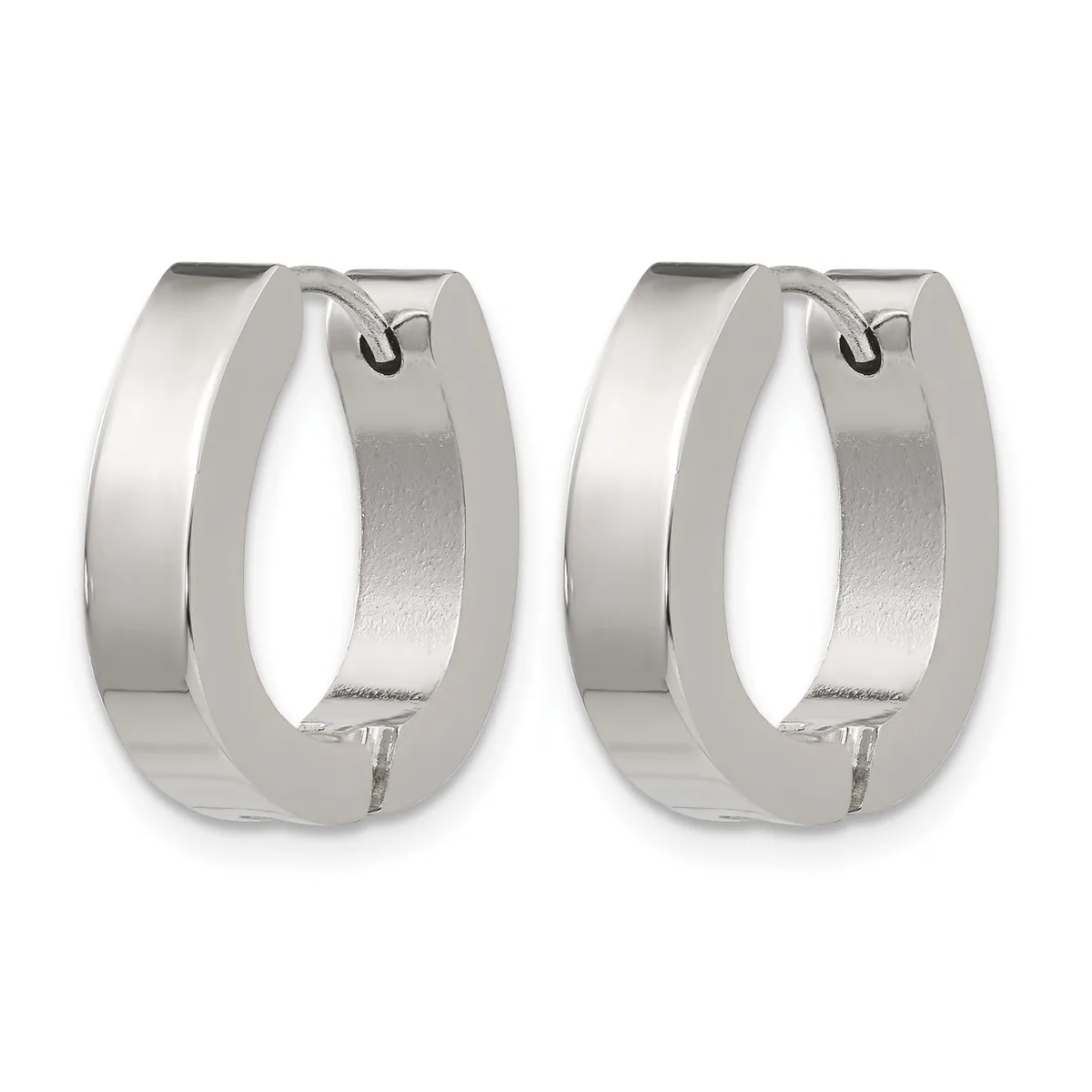 A pair of polished silver-toned chunky hoop earrings with a flat rectangular profile and hinged closure, shown from the front.