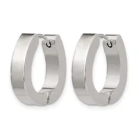 A pair of polished silver-toned chunky hoop earrings with a flat rectangular profile and hinged closure, shown from the front.